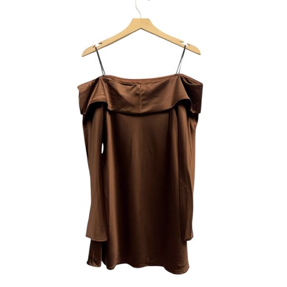 Lulus Brown Luxurious Vision Satin Off-The-Shoulder Mini Dress size L - Picture 4 of 6
